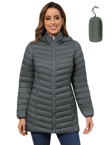 ROYAL MATRIX Women's Packable Puffer Jacket - Lightweight Winter Warm Long Quilted Puffer Coat with Detachable Hood - color: Deep Grey, size: Small