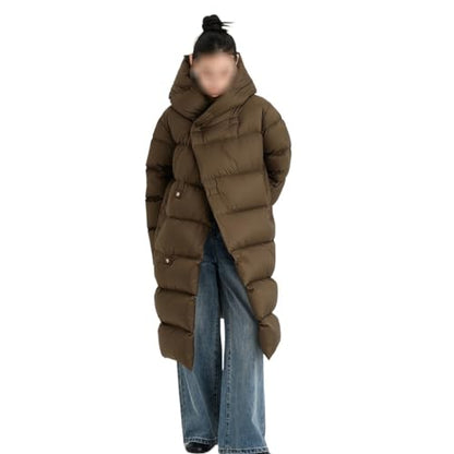 Women's White Duck Down Jacket Long Knee Length Hood Loose Warm and Thick Autumn/Winter Coat with Belt - size: Large