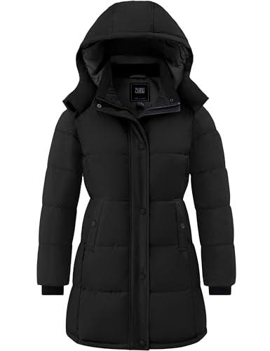 ZSHOW Women's Long Quilted Winter Coat Waterproof Warm Puffer Jacket Parka with Detachable Hood - color: Black, size: Medium