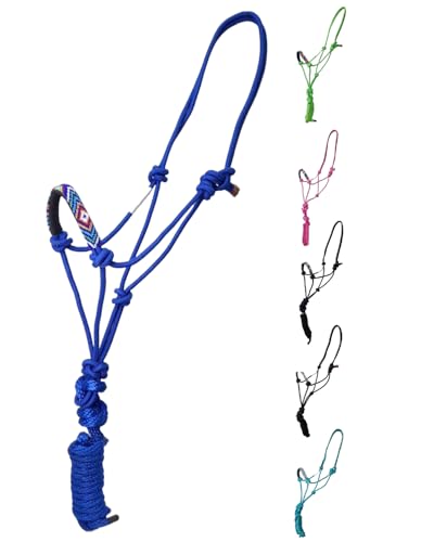 Tahoe Tack Copper Tip® Series Braided Rope Horse Halter with Navajo Beaded Noseband, Cowboy Knots, 10 Ft Lead - color: Royal Blue/Multicolor