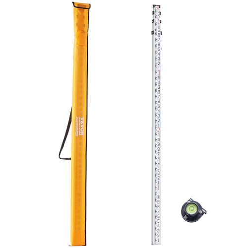 VEVOR Aluminum Grade 14-Feet 4 Sections Telescopic Measuring Rod, Double-Sided Scale 1/8in Leveling Rod Stick with Bubble Level & Carrying Bag for Houses, Walls, Floors - size: 14 FT-8ths