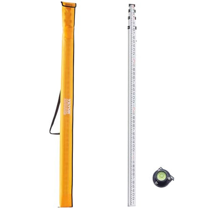 VEVOR Aluminum Grade 14-Feet 4 Sections Telescopic Measuring Rod, Double-Sided Scale 1/8in Leveling Rod Stick with Bubble Level & Carrying Bag for Houses, Walls, Floors - size: 14 FT-8ths