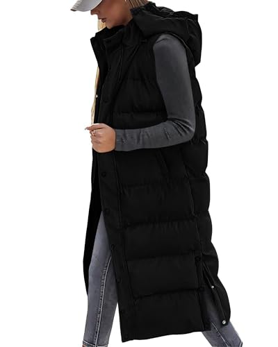 BTFBM Long Puffer Vest Women Quilted Hooded Button Down Zip Up Sleeveless Vests Outerwear Padded Jacket Fall Winter Coat - color: Black, size: X-Large