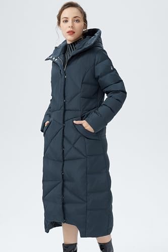 Orolay Women's Long Maxi Down Coat with Hood - 700 Fill Power RDS Certified Winter Puffer Jacket - color: Navy, size: Small