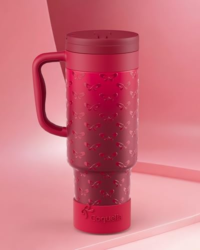 40 oz Insulated Tumbler with Handle and Push-Button Straw Lid, Stainless Steel Travel Cup for Gym Office, Leakproof, BPA-Free, Cup Holder Friendly, Bow Silicone Boot, Red (Coquette Cherry) - color: Coquette Cherry