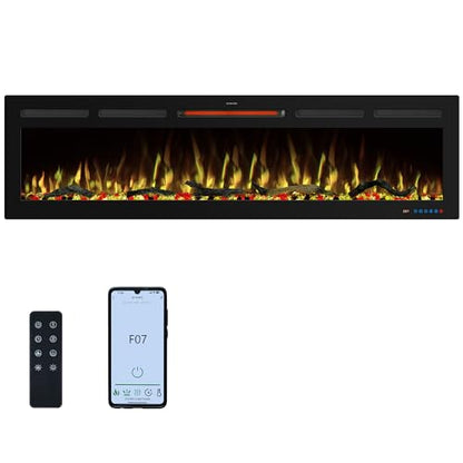 65" WiFi Electric Fireplace Inserts, Recessed and Wall Mounted Fireplace Heater W/Adjustable Flame Color & Brightness, Thermostat, 9H Timer, App and Remote Control, Low Noise, 750/1500W - size: 65" WiFi