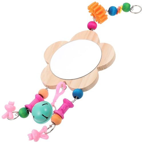 Wooden Hanging Hen Mirror with Bells Recyclable Natural Wood Chicken Cage Accessory for Pet Hens and Roosters Random Color