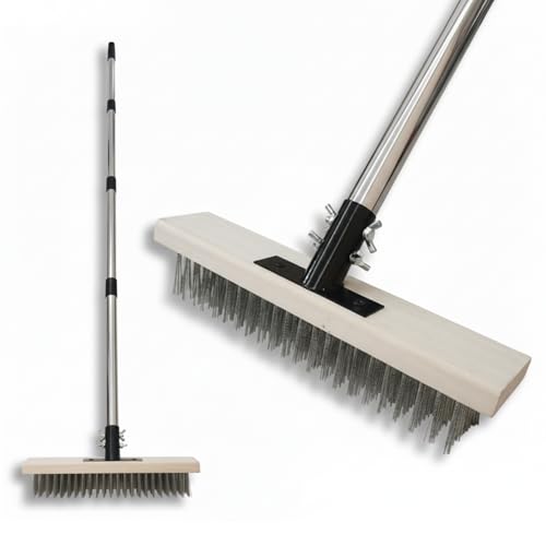Heavy Duty Wire Broom,Stainless Steel Wire Scrub Brush with Long Handle,Perfect for Cleaning Weeds and Moss from patios, Decks, Gardens, Concrete, garages, and More(59in)