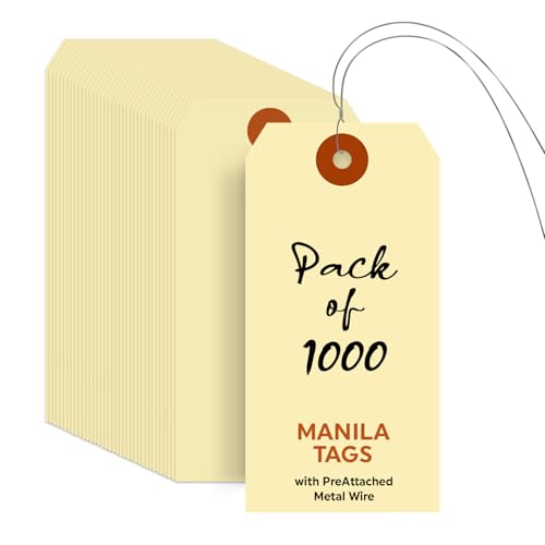 SmartSign Blank Manila Shipping Tags with Wire - Pack of 1000, Size-5, 13pt Thick Prewired Cardstock Tags, 4 3/4" x 2 3/8" (Size-5) Paper Hang Tags with Reinforced Fiber Patch - size: 4 3/4" x 2 3/8", style: Metal Wires - 1000 Tags