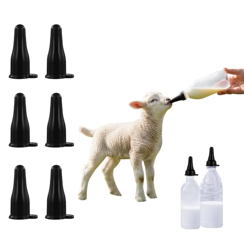 6-pack of black silicone goat nipples that snap onto the mouth of a common cola bottle, reusable and easy to clean, suitable for feeding lambs and goats