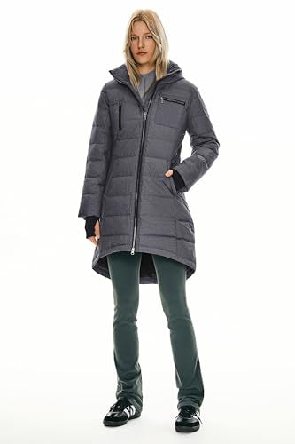 Orolay Women's Winter Down Jacket Long Quilted Puffer Coat Warm Hooded Slim Fit Outerwear - color: Dark Grey, size: Medium