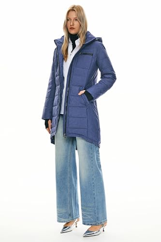 Orolay Women's Winter Down Jacket Long Quilted Puffer Coat Warm Hooded Slim Fit Outerwear - color: Blue, size: Medium