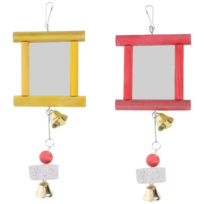 Yardwe Bird Cage Toys 2Pcs Hanging Mirror Toys with Bells and Pecking Blocks for Parrots Chickens Roosters Interactive Chew Toys for Bird Cage