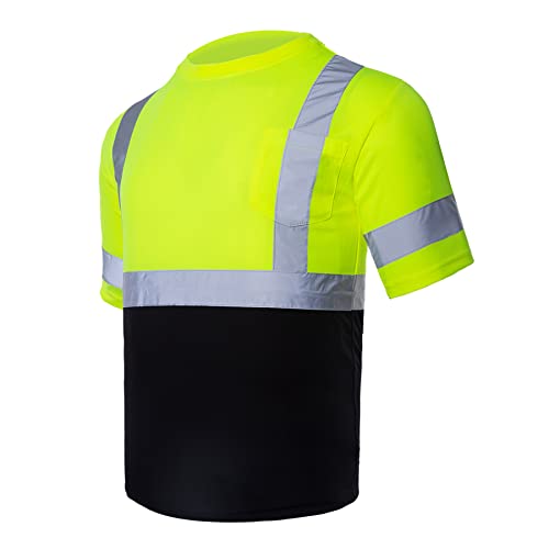 VENDACE Men's High Vis Class 3 Safety T Shirt ANSI Reflective Work Short Sleeve Shirt with Black Bottom(Yellow,L) - color: Yellow, size: Large