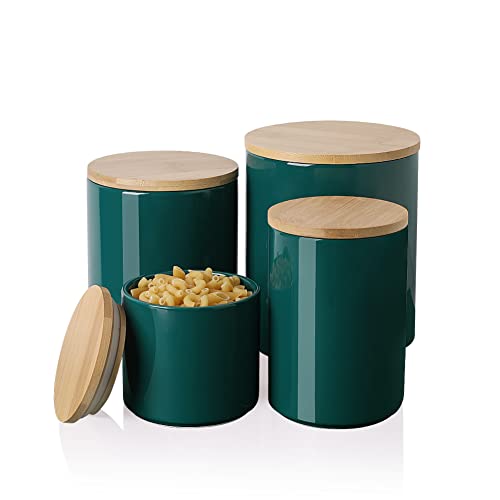 Sweejar Kitchen Canisters Ceramic Food Storage Jar Set, Stackable Containers with Airtight Seal Wooden Lid for Serving Ground Coffee, Tea, Herbs, Grains, Sugar, Salt - Set of 4 (Jade) - color: Jade, style: Set of 4(Classic Style)