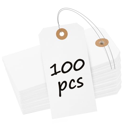 Uniclife 100 Pcs Manila Tags White Blank Shipping Tags with Wire Attached 4.7 Inch Paper Hang Tag with Reinforced Eyelet Large Marking Writable Price Label Tag, 4.7" x 2 3/8" - color: White, size: 100 PCS