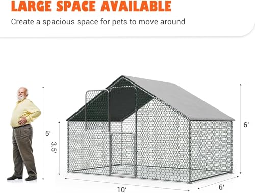 UDPATIO Walk-in Chicken Coop - Spacious Outdoor Chicken Pen Metal Pen for 10 Chickens, Double Feed Doors, UV-Resistant Cover & Galvanized Steel Frame - size: 120.0"L x 72.0"W x 72.0"H