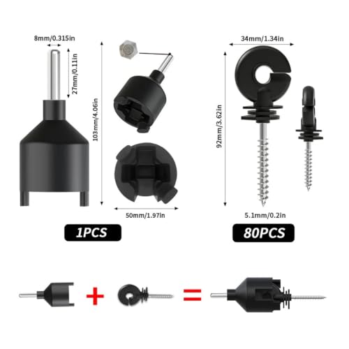 Electric Fencing Ring Insulators 80Pcs Electric Fence Insulators Installation Tool Kit, Snap-on Post Insulator for T-Post Wooden Pole