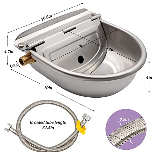 Automatic Water Bowl with Brass Float Valve, Drain Hole and Hose, Stainless Steel Dog Water Bowl Livestock Waterer for Cattle Pig Goat Dog