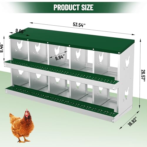 Chicken Nesting Box,10 Holes Galvanized Steel Metal Chicken Laying Box with Automatic Roll-Away Egg Collection System & Removable Tray,Wall Mount Nesting Boxes - color: Green, size: 10 Holes