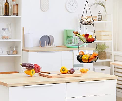 CAXXA 3-Tier Hanging Basket Fruit Organizer Kitchen Heavy Duty Wire Organizer with 2 Free Bonus Metal Ceiling Hooks, Black - color: Black
