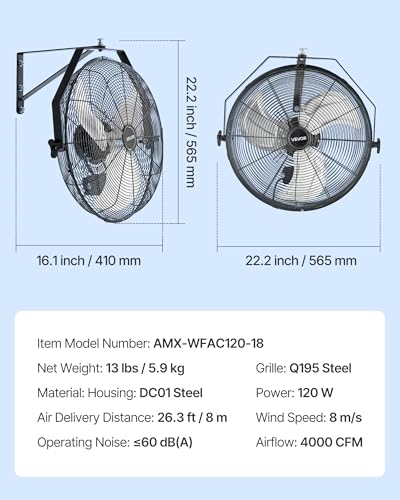 VEVOR 18 Inch Industrial Wall Mount Fan, High Velocity 4000 CFM with 3 Speeds, Powerful Motor Garage Wall Fan with Aluminum Blades for Workshop, Warehouse, Greenhouse, Commercial