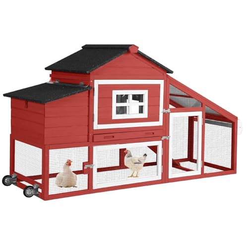 Aivituvin Chicken Coop for 2-4 Chickens with Wheels Outdoor Chicken House Mobile Large Poultry Cage Pull Out Tray No Leakage - color: Red