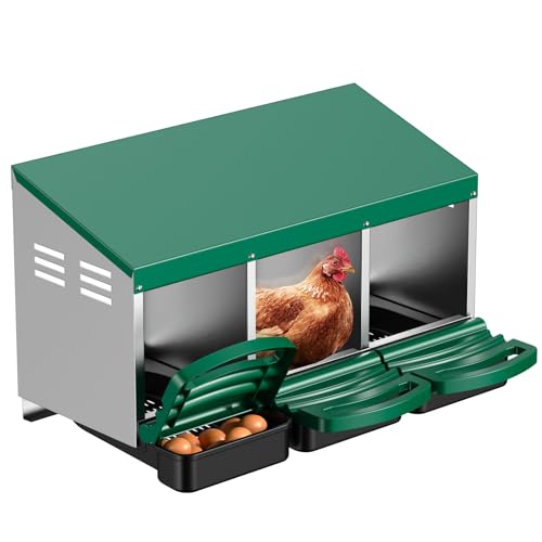 Nesting Boxes for Chickens, Roll Away Nesting Box for Laying Hens, Metal Rollout Chicken Nest Box with Egg Collection Drawer & Protective Lid, Wall Mount Chicken Coop Nest Box, 3 Compartments - color: Green
