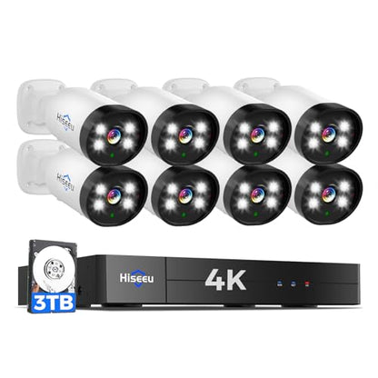 Hiseeu 4K Wired Security Camera System with Audio,Smart Color Night Vision,3TB Hard Drive,AI Human/Vehicle Detection,8PCS 8MP IP67 Weatherproof Home CCTV Cameras,Indoor/Outdoor Surveillance DVR Kit - color: White 8 CH
