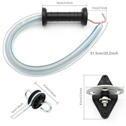 Electric Fence Spring Gate Handles Kit, Dual Ring Electric Fence Insulators for Wooden Post, Electric Fence Handle Set with Anchors,16-Feet Tension Spring, Black (2)