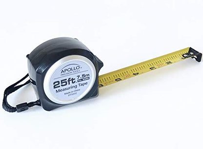Apollo Tools Measuring Tape, 25 Foot Tape Measure with Retractable Blade, Fraction Markings, 1 Inch Nylon Blade, 8 Foot Standout, Lock Button and Belt Clip - Black - DT5002 - color: Black