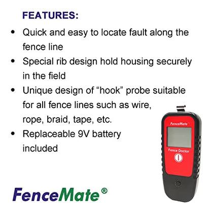 FenceMate Digital Fence Tester Fault Finder for Fence Volt up to 19.9 kV | Cordless Fence Detector up to 19,900 V, Fence Scout, Diagnose Current (Amp) & Flow Direction, 9V Battery, Belt Clip Included