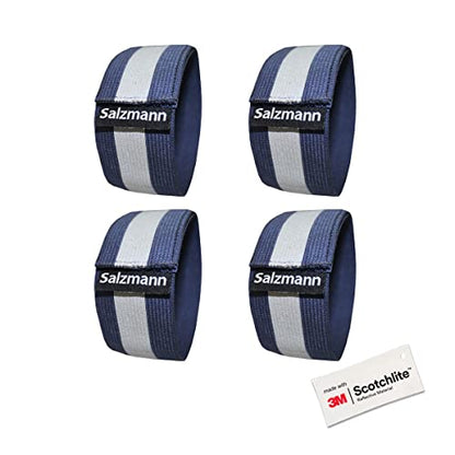 Salzmann Reflective Elastic Arm & Leg Bands | Adjustable Hi Vis | Pack of 4 | Made with 3M Scotchlite Reflective Material | For Running, Walking & Cycling | Yellow, Navy, Pink - color: Navy
