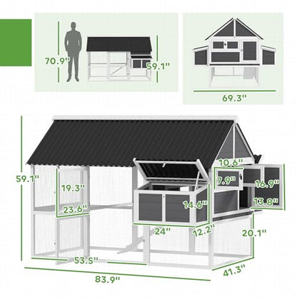 PawHut Chicken Coop with Run, Large Wooden Chicken House with 2 Nesting Boxes, 2 Roosting Bars, Ramp & Tray, Hen House Poultry Cage for 4-6 Chickens, 69" W x 84" x 59"