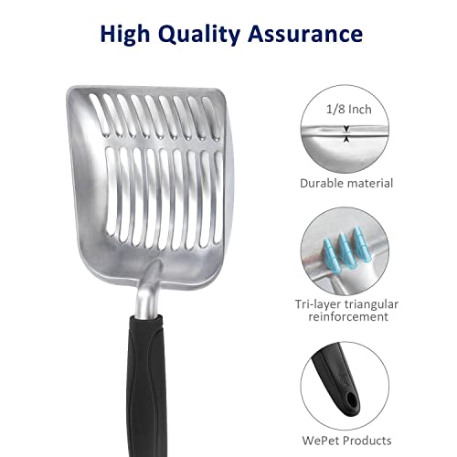 WePet Cat Litter Scoop, Aluminum Alloy Sifter, Kitty Metal Scooper, Deep Shovel, Long Handle, Poop Sifting, Kitten Pooper Lifter, Durable, Heavy Duty, for Litter Box - color: FLAT Aluminum \ #06 Black Handle, size: Small