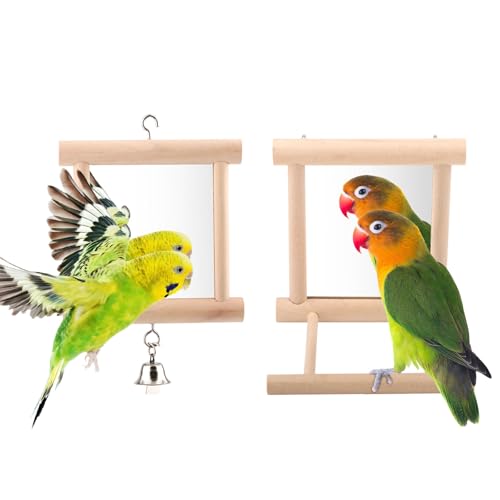 Wontee Bird Mirror Bird Toys for Budgies Parakeets Cockatiels Lovebirds Conures (Wood color-2pcs) - color: Wood color-2pcs