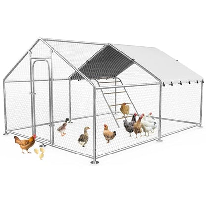 Large Metal Chicken Coop with Roosting Perch, UV-Resistant and Waterproof Cover, Chicken Run Outdoor Walk-in Cage Rabbit Duck Hen House for Yard Farm Use Spire Roof (10’W x 13.2’L x 6.4’H)