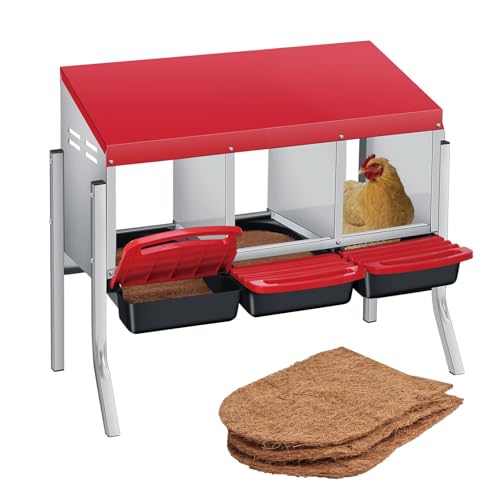 Roll-Out Chicken Nesting Box for Hens – 3 Compartments, Removable Galvanized Steel Trays, Perch, Easy-Clean, Wall Mount or Freestanding – Durable Poultry Coop Laying Box – Red, Three Grids + Bracket
