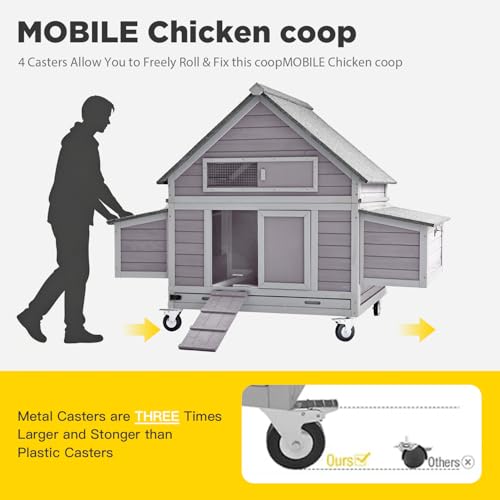 Aivituvin Chicken Coop with Wheels Large Poultry House with Two Nesting Boxes Outdoor Wooden Hen cage - color: Grey, size: 67.0"L x 39.8"W x 49.5"H