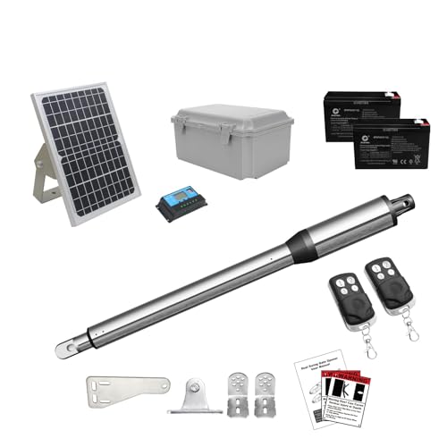 JUJIANG C01 Solar Gate Opener with Batteries & Solar Panel for Single Swing Gates Up to 440lb 12FT Automatic Gate Openers with Remote Complete Kit Light Duty Automatic Gate Openers Solar Powered - style: 440lb Solar Single gate opener