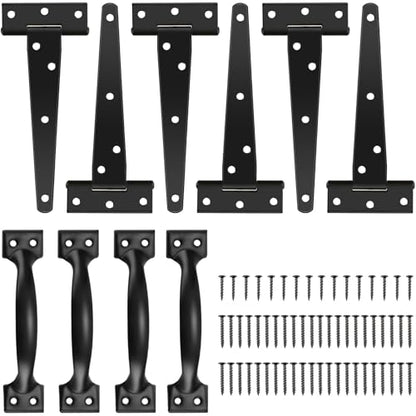 Tandefio 6 Pack 6 Inch T Strap Gate Hinges Heavy Duty Gate Hardware Kit for Wooden Fence Rustproof Door Hinges, 4 Pcs Door Pull Handle with Screws for Barn Shed Outdoor Garage Cabinet Drawer, Black