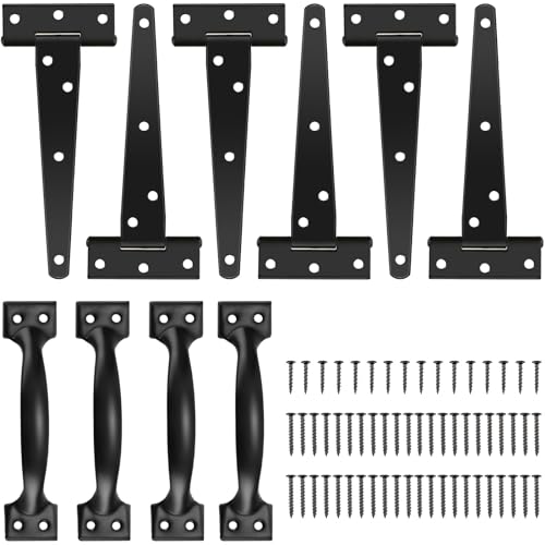 Tandefio 6 Pack 6 Inch T Strap Gate Hinges Heavy Duty Gate Hardware Kit for Wooden Fence Rustproof Door Hinges, 4 Pcs Door Pull Handle with Screws for Barn Shed Outdoor Garage Cabinet Drawer, Black
