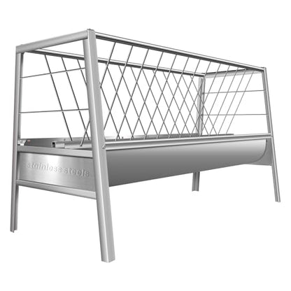 85 Gallon Livestock Feeder, 5 FT Pasture Hay Feeder Made of Stainless Steel, 2 in 1 Hay Rack with Deep Feed Pan for Goats, Sheep, Mini Horses, Outdoor Farm Feeding