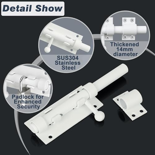 Alise SUS304 Stainless Steel Slide Lock Gate Latch - Thickened Heavy Door Security Bolt - 10 Inch White Barrel - color: White, size: 10 Inch (Regular)