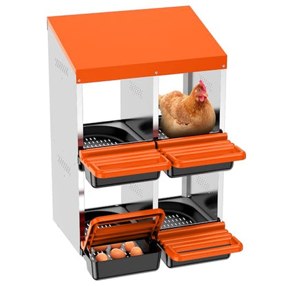Chicken Nesting Boxes, Metal Roll Away Nest Box for Chickens Laying Egg with Lid Cover to Protect Eggs (4 Holes Orange) - size: 4 Holes