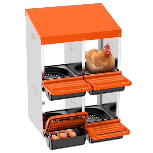 Chicken Nesting Boxes, Metal Roll Away Nest Box for Chickens Laying Egg with Lid Cover to Protect Eggs (4 Holes Orange) - size: 4 Holes