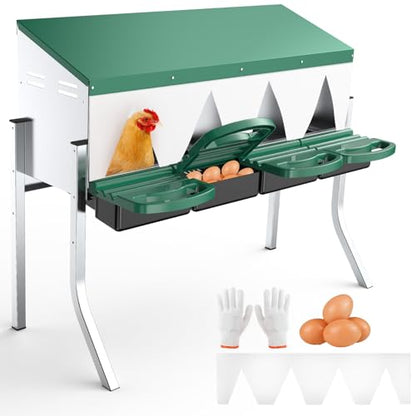 Chicken Nesting Boxes for Laying Eggs - 4 Compartment Roll Away Nesting Box for Chickens Coop with Adjustable Legs,Chicken Perch ＆ Roll Out Egg Tray,Curtains and 4 Fake Eggs Help Hen for Laying Eggs