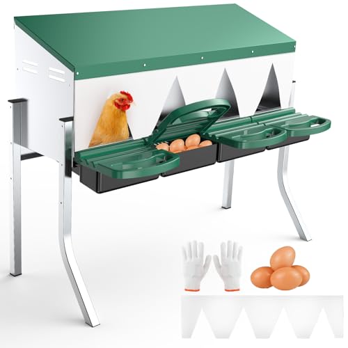 Chicken Nesting Boxes for Laying Eggs - 4 Compartment Roll Away Nesting Box for Chickens Coop with Adjustable Legs,Chicken Perch ＆ Roll Out Egg Tray,Curtains and 4 Fake Eggs Help Hen for Laying Eggs