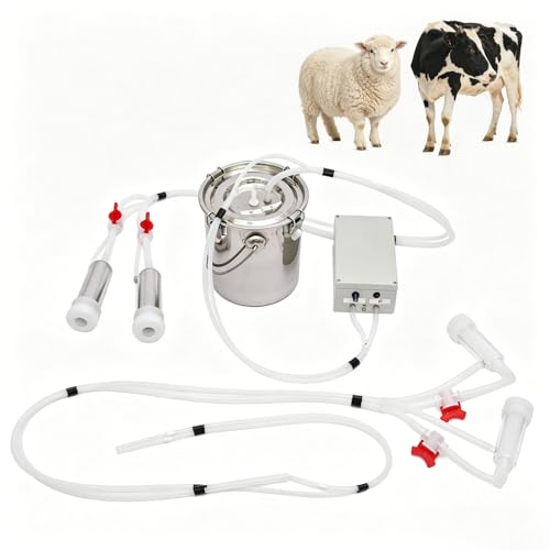2-in-1 Electric Milking Machine for Cattle and Sheep, Portable Pulse Control Milker, Rechargeable Battery Powered, with 4 Teat Cups 1 Food Grade Milk Bucket Suitable for Small 5L - size: 5L