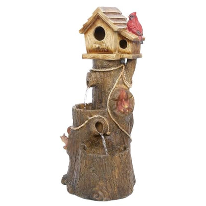 Alpine Corporation ZEN552 Outdoor Multitiered Birdhouse with Cardinal and Squirrels Water Floor Fountain for Patios, Gardens, and Yard Decor, 24" H, Brown - style: Tree and Cardinal Birdhouse
